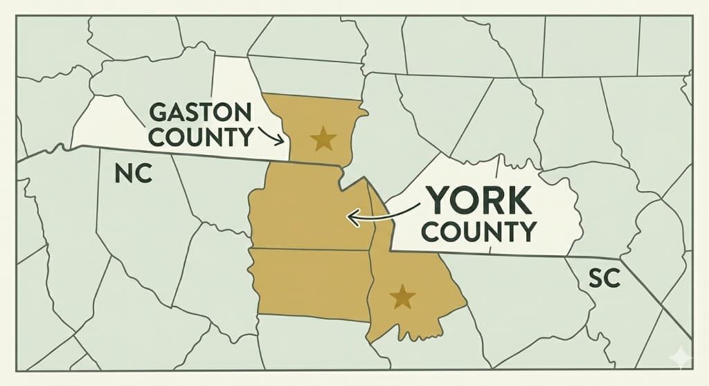 Map of our service area across Gaston County, Cleveland County, NC, and York County, SC